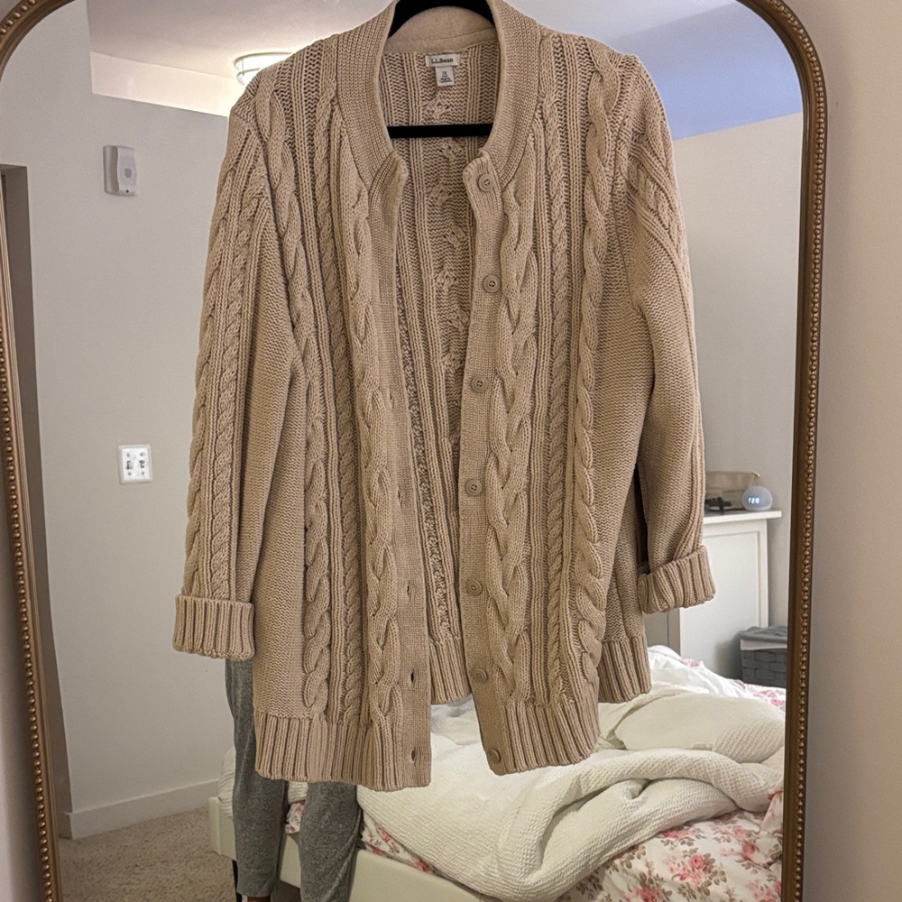 L.L. Bean Classic Tan Cable Knit Cardigan
